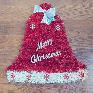 Vintage red garland & silver bow Santa’s hat Merry Christmas wall hanging